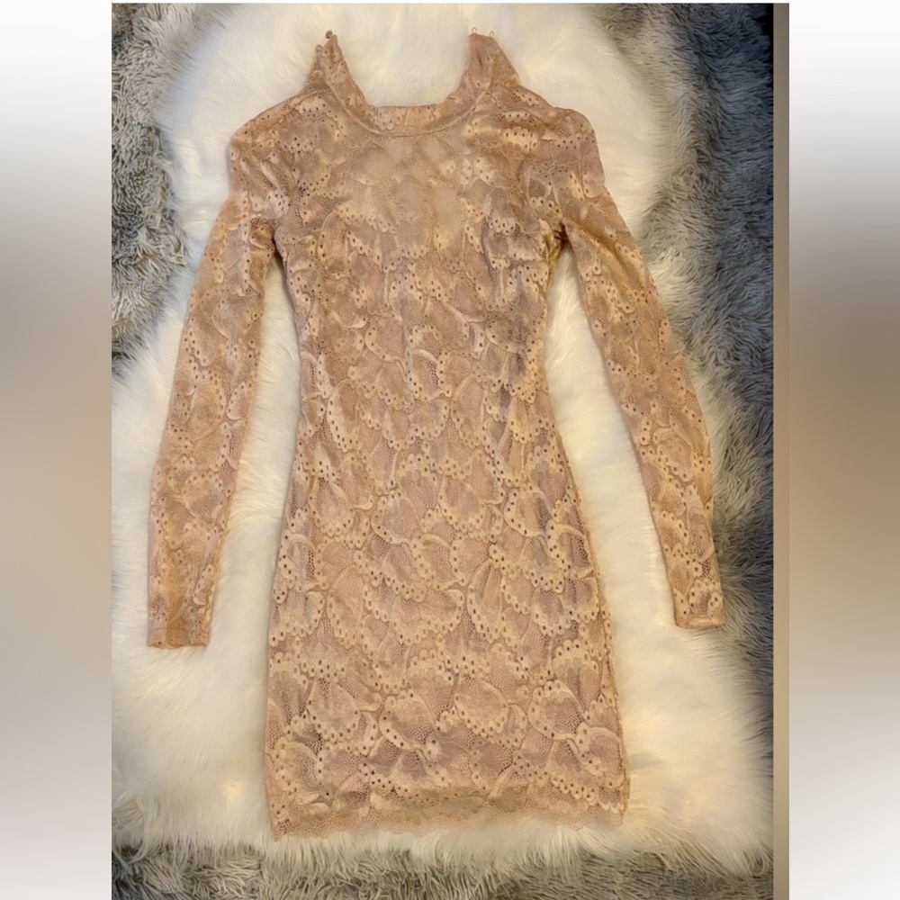 Bebe Cream Bodycon lace Dress with Bishop Sleeves and Mock Neck